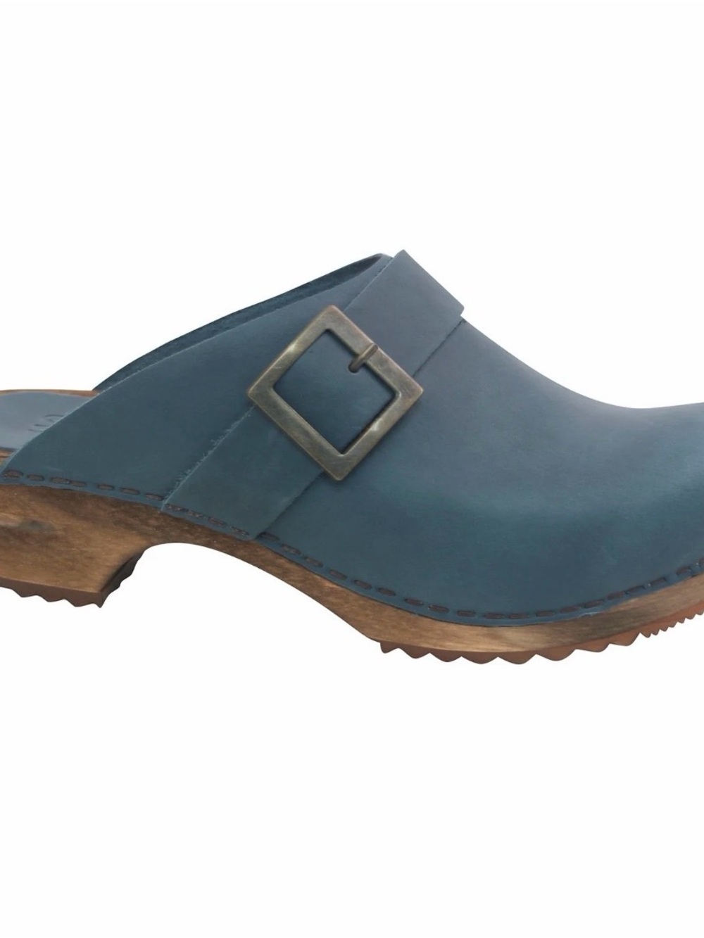 Sanita Teal Leather Buckle Clog on Wood Platform